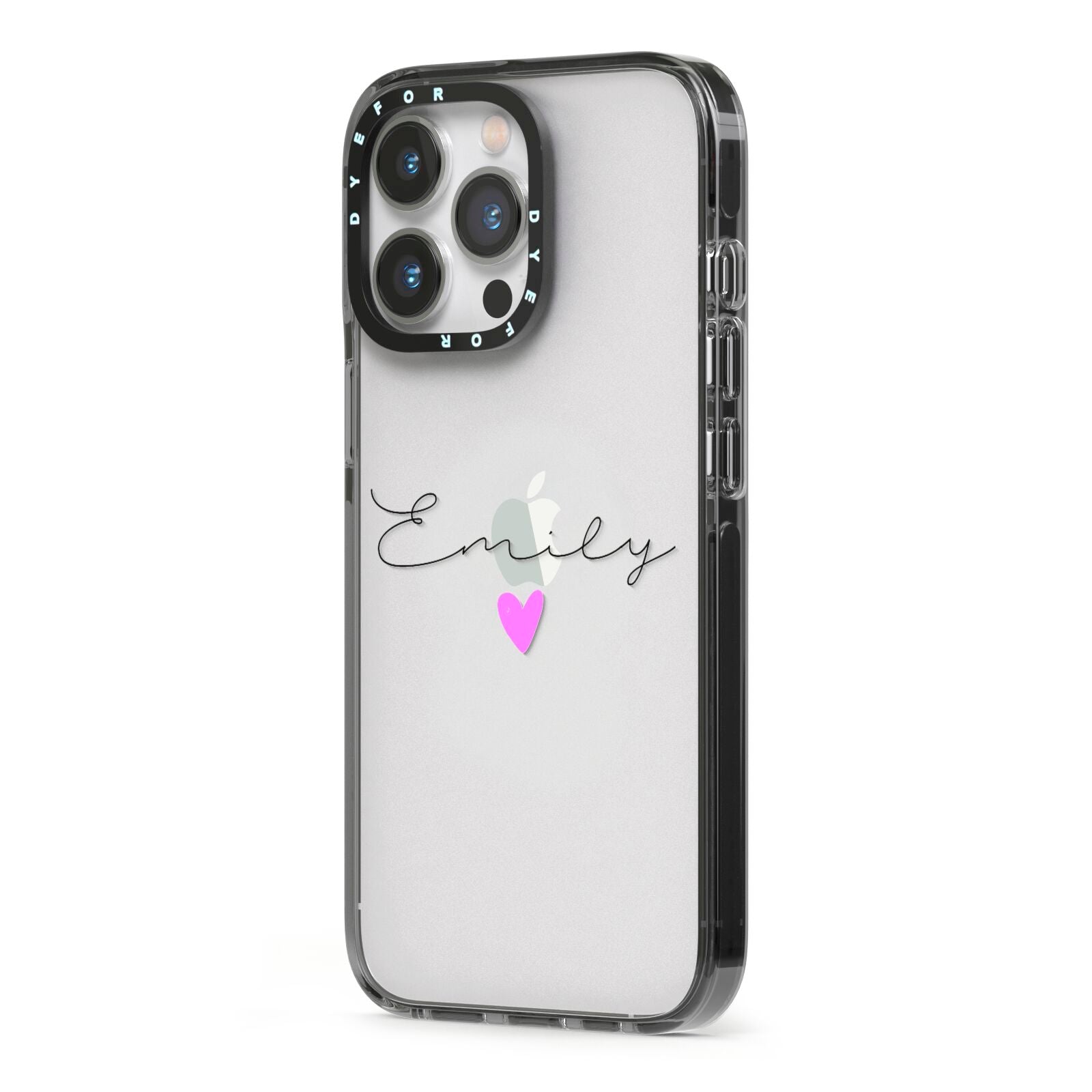 Personalised Handwritten Name Heart Clear Custom iPhone 13 Pro Black Impact Case Side Angle on Silver phone