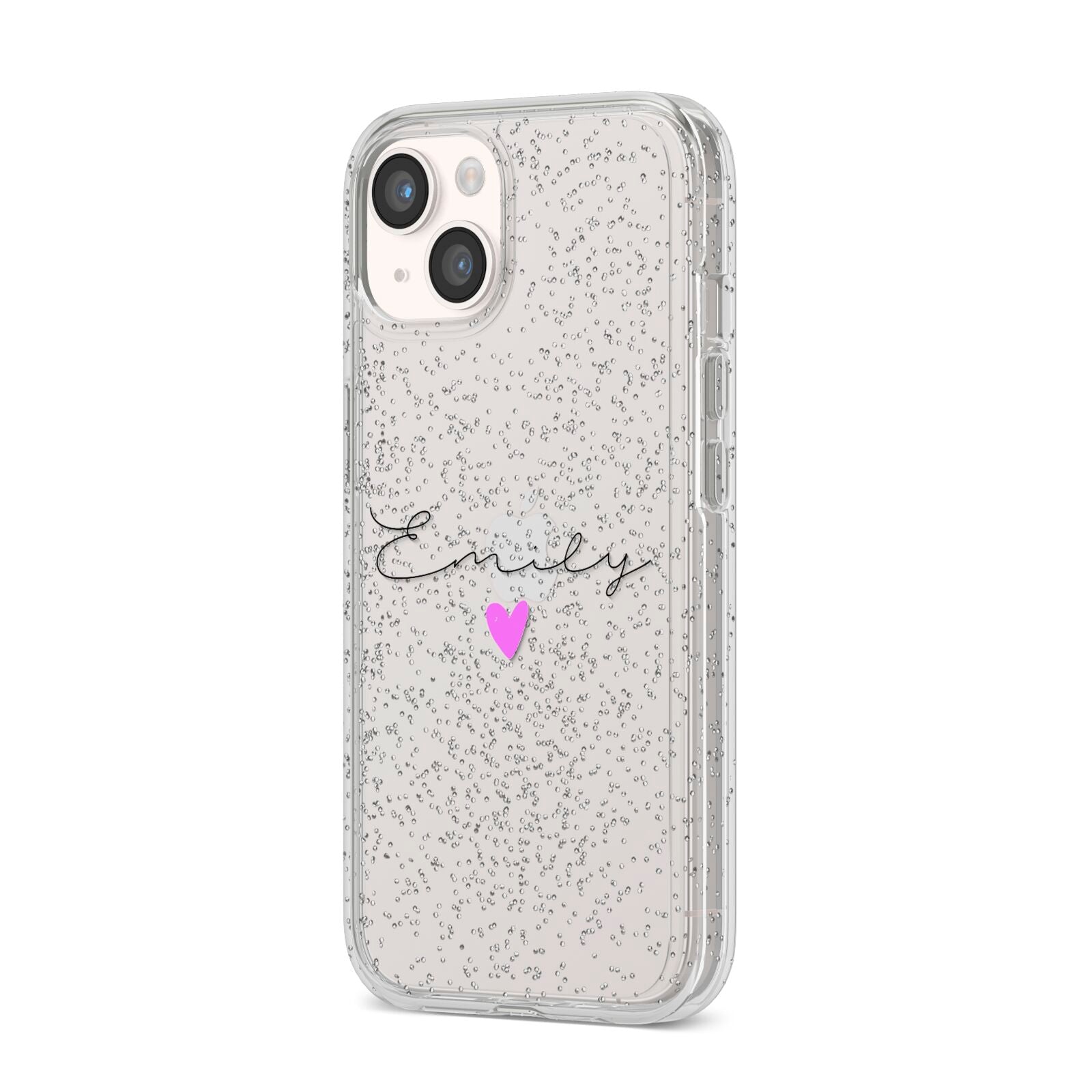 Personalised Handwritten Name Heart Clear Custom iPhone 14 Glitter Tough Case Starlight Angled Image