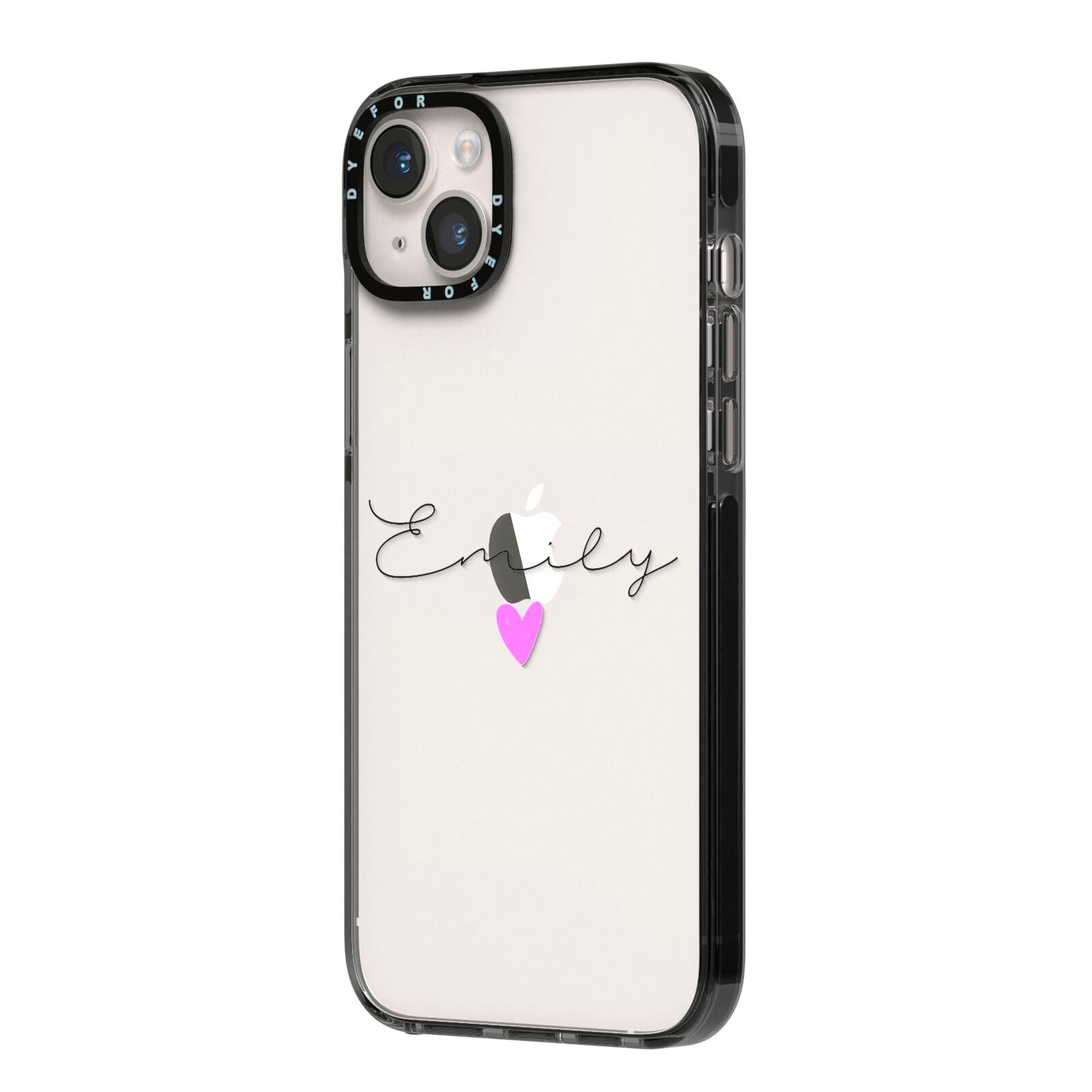Personalised Handwritten Name Heart Clear Custom iPhone 14 Plus Black Impact Case Side Angle on Silver phone