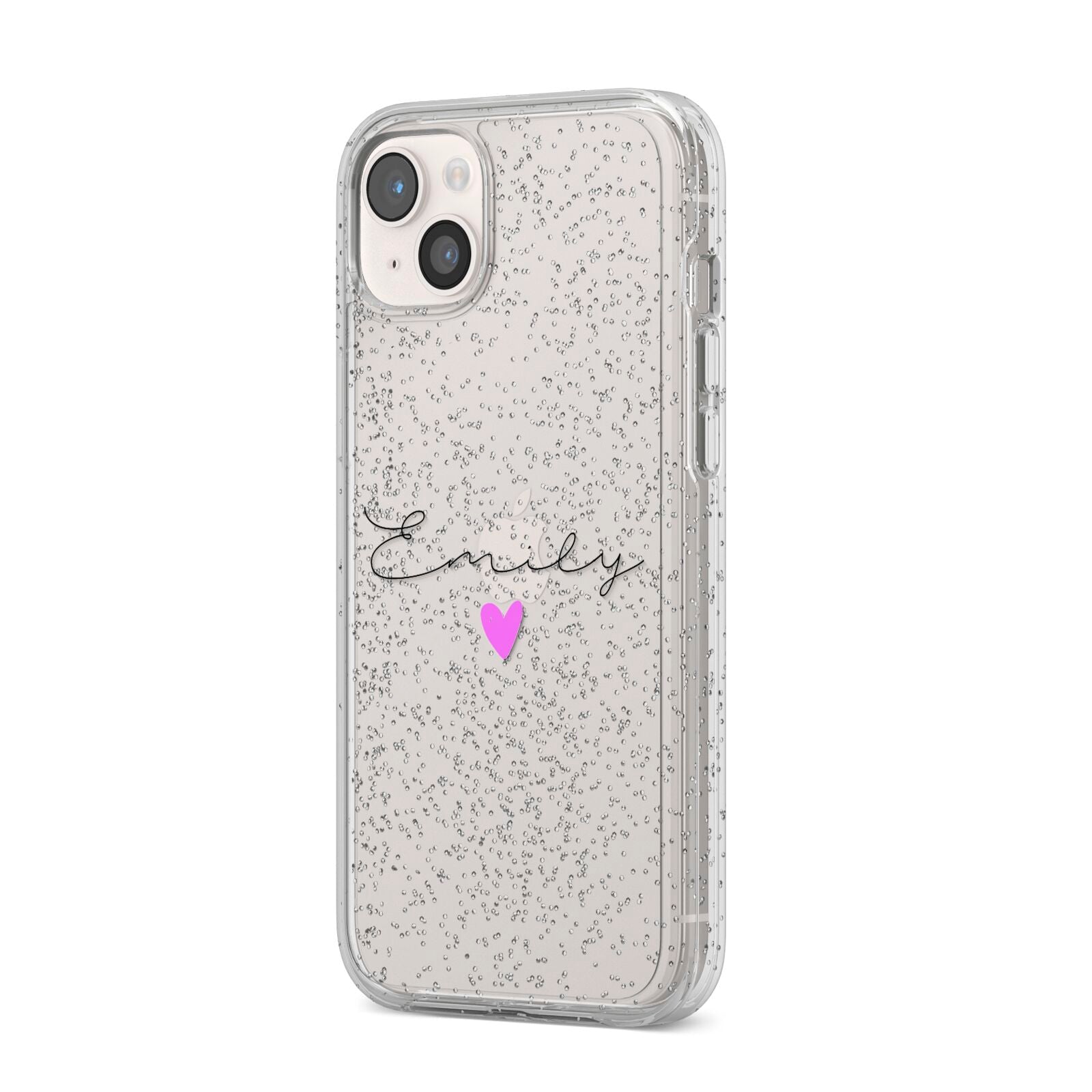 Personalised Handwritten Name Heart Clear Custom iPhone 14 Plus Glitter Tough Case Starlight Angled Image