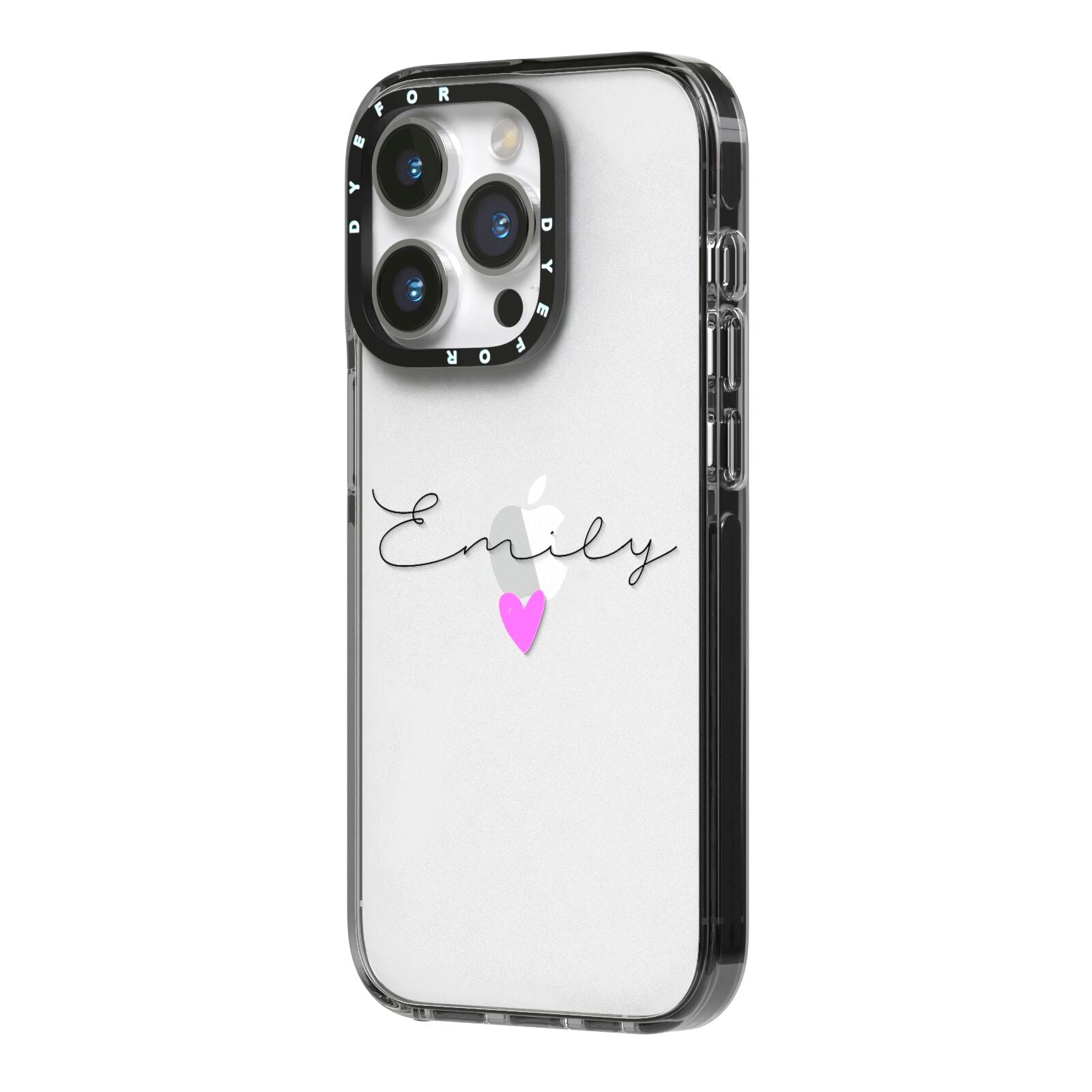 Personalised Handwritten Name Heart Clear Custom iPhone 14 Pro Black Impact Case Side Angle on Silver phone