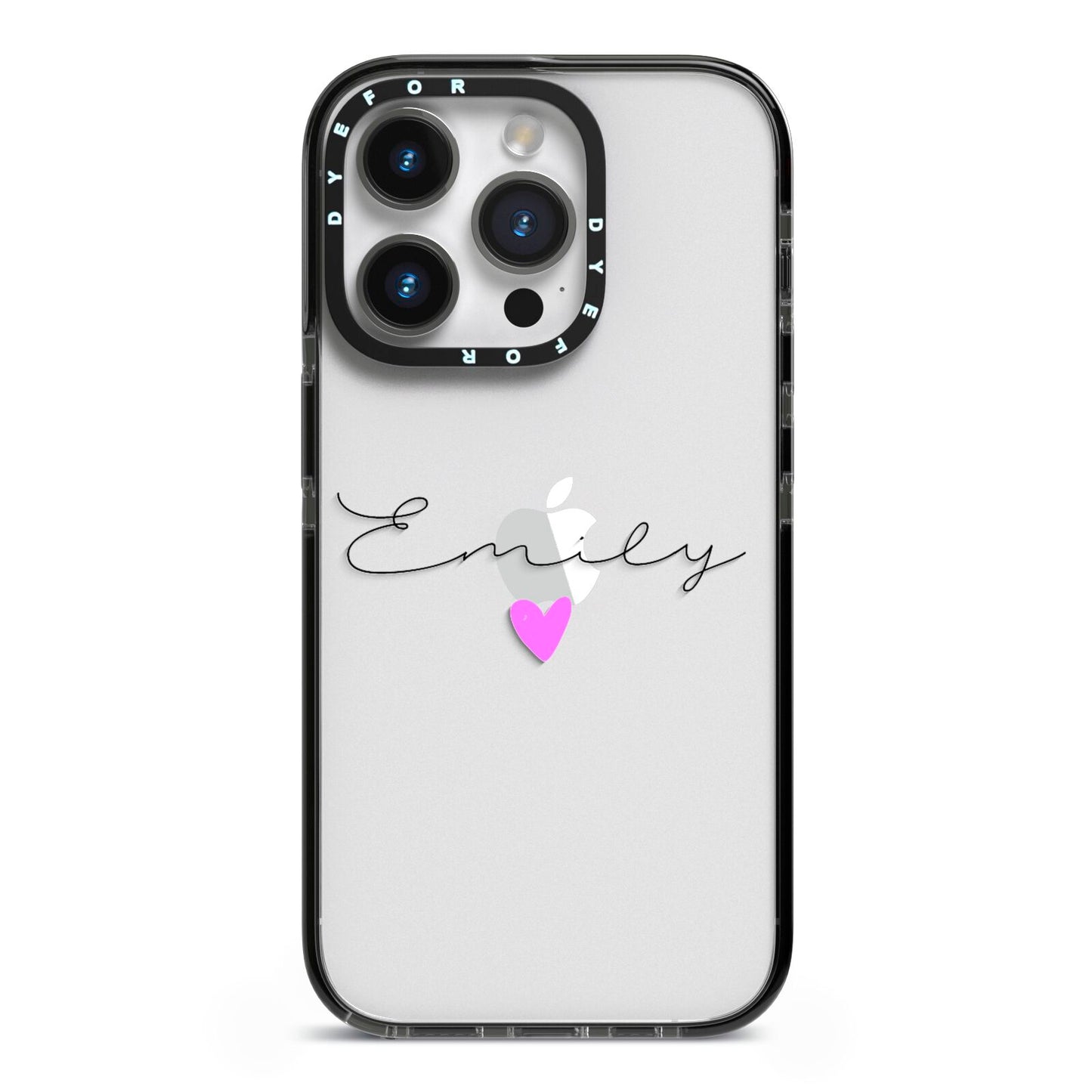 Personalised Handwritten Name Heart Clear Custom iPhone 14 Pro Black Impact Case on Silver phone