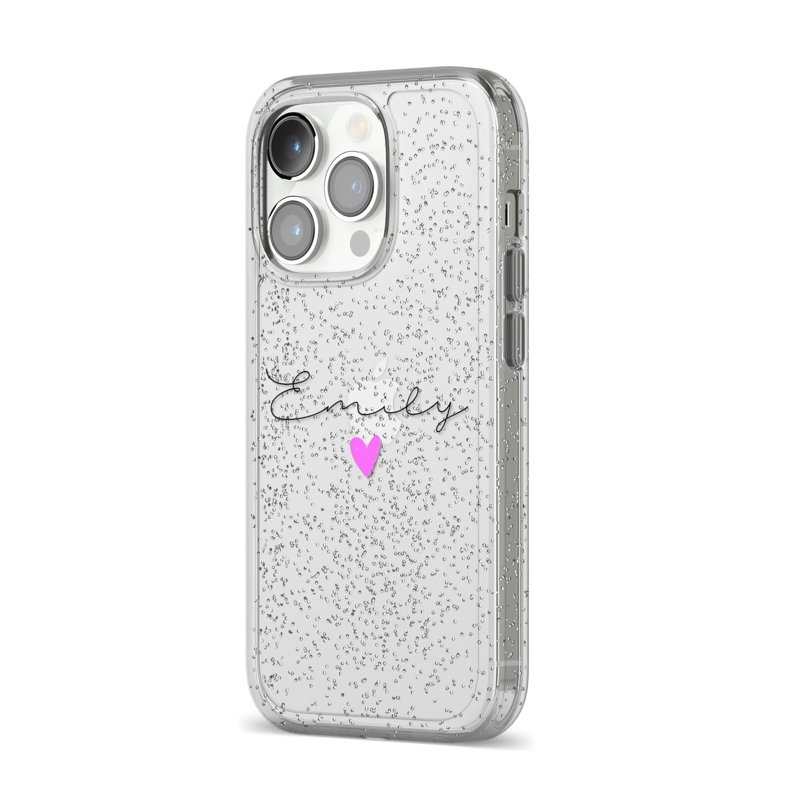 Personalised Handwritten Name Heart Clear Custom iPhone 14 Pro Glitter Tough Case Silver Angled Image