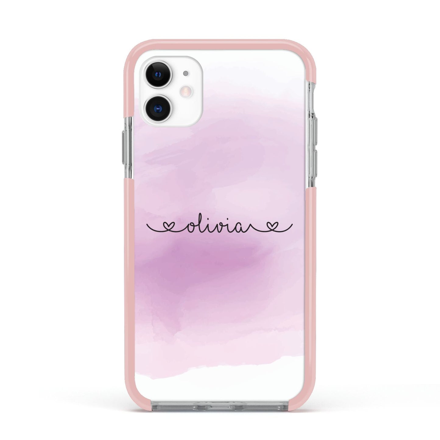 Personalised Handwritten Name Hearts Apple iPhone 11 in White with Pink Impact Case