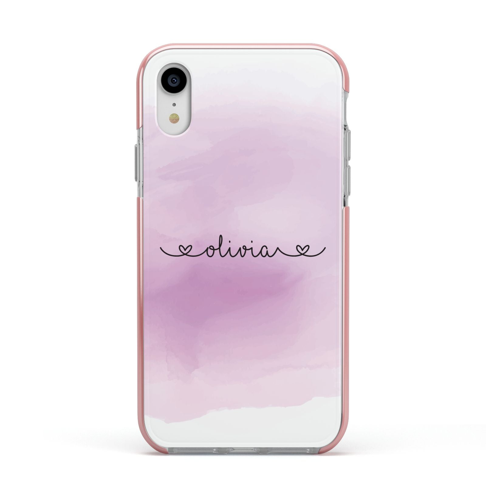 Personalised Handwritten Name Hearts Apple iPhone XR Impact Case Pink Edge on Silver Phone
