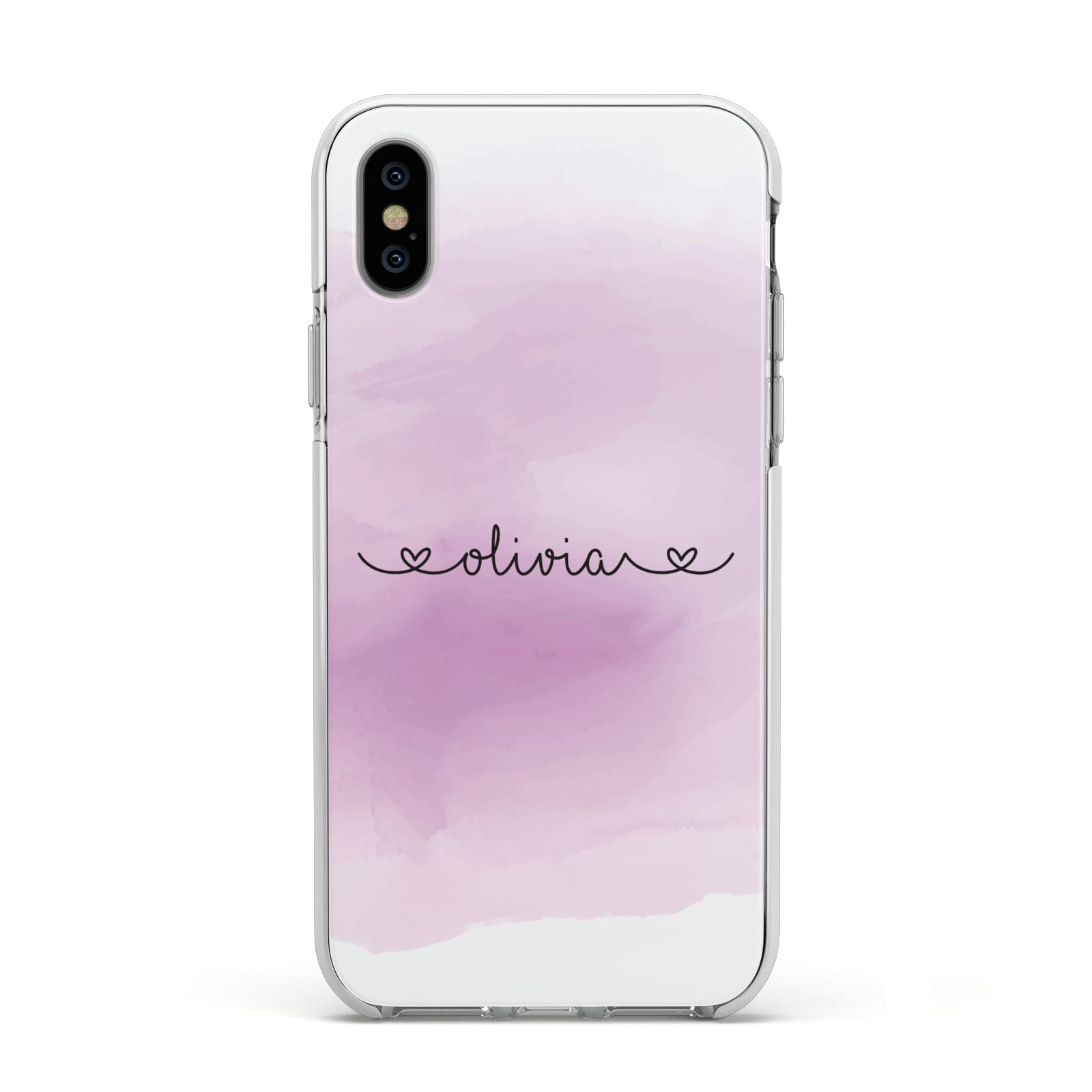 Personalised Handwritten Name Hearts Apple iPhone Xs Impact Case White Edge on Silver Phone