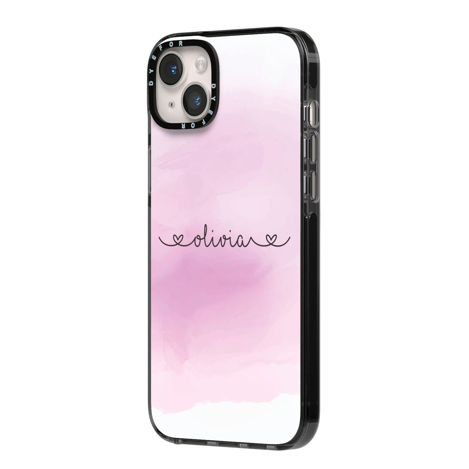 Personalised Handwritten Name Hearts iPhone 14 Plus Black Impact Case Side Angle on Silver phone