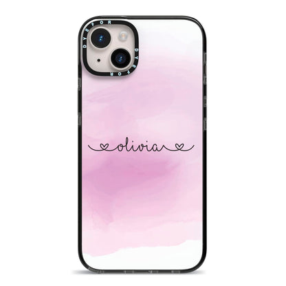 Personalised Handwritten Name Hearts iPhone 14 Plus Black Impact Case on Silver phone