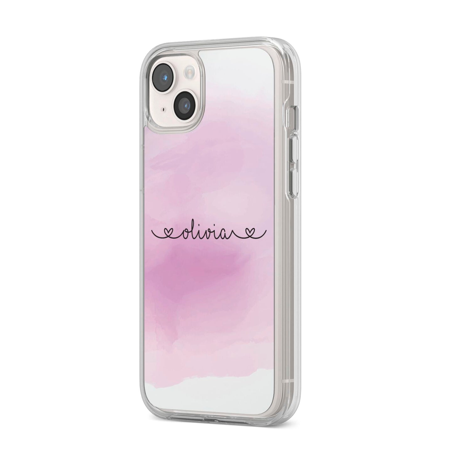 Personalised Handwritten Name Hearts iPhone 14 Plus Clear Tough Case Starlight Angled Image