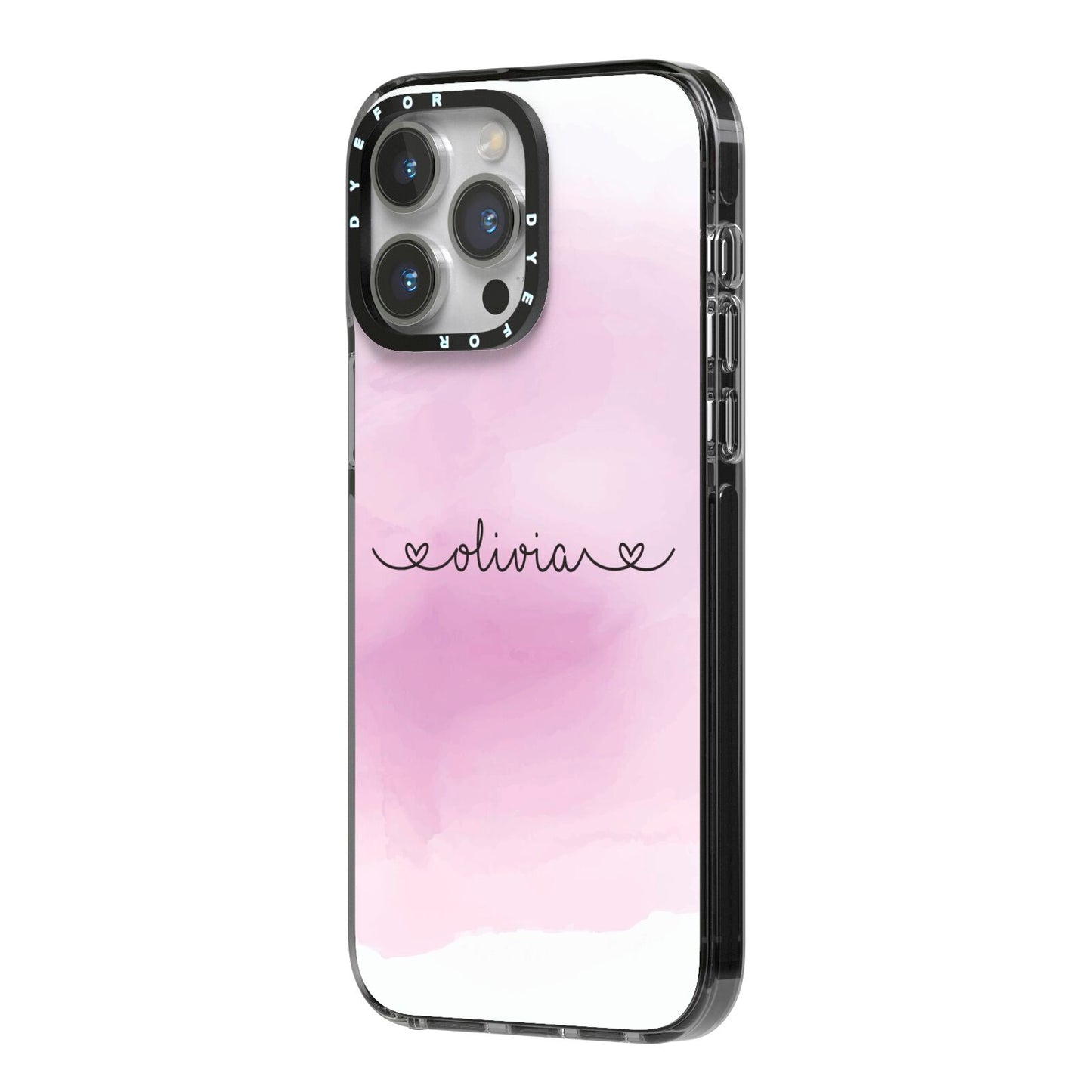 Personalised Handwritten Name Hearts iPhone 14 Pro Max Black Impact Case Side Angle on Silver phone