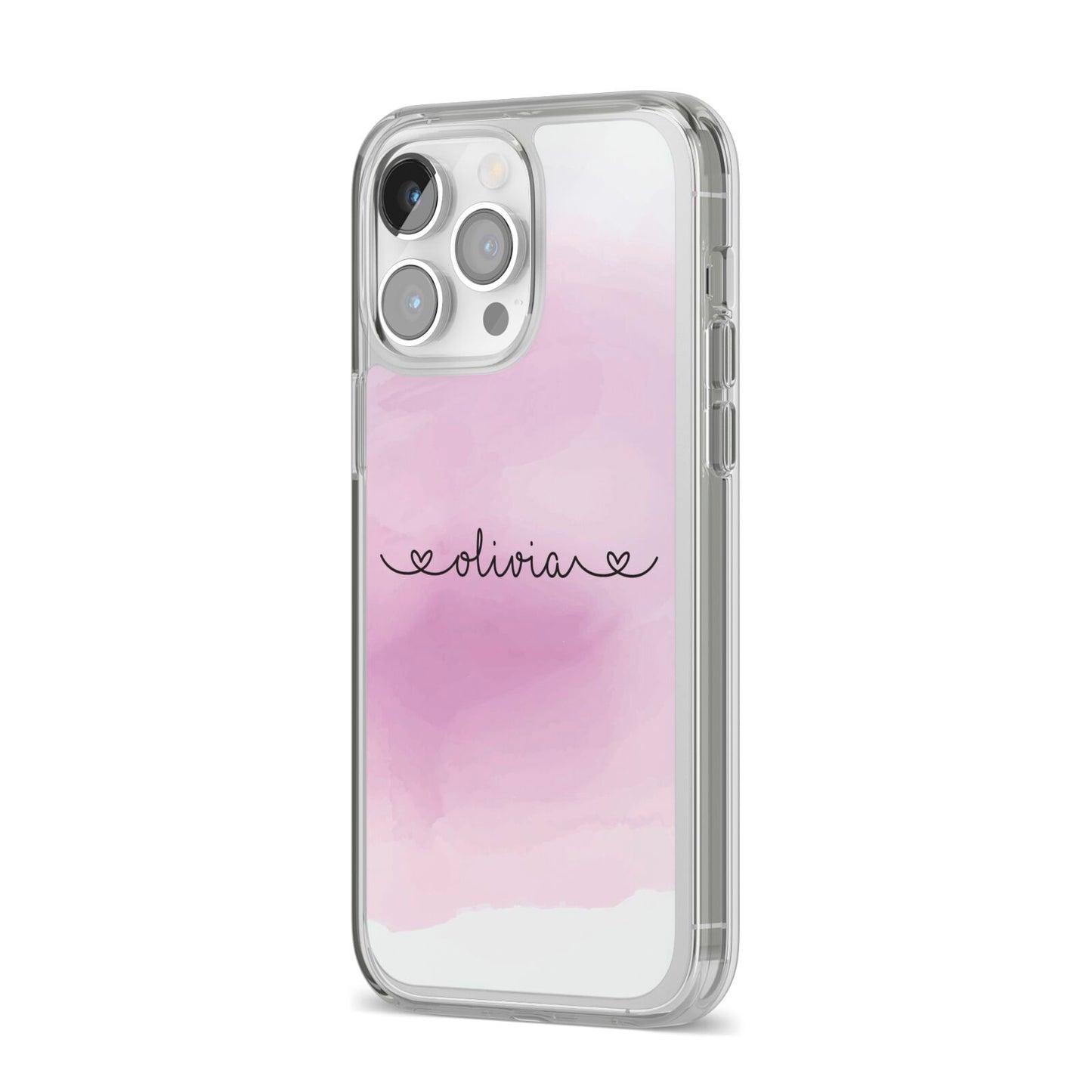 Personalised Handwritten Name Hearts iPhone 14 Pro Max Clear Tough Case Silver Angled Image