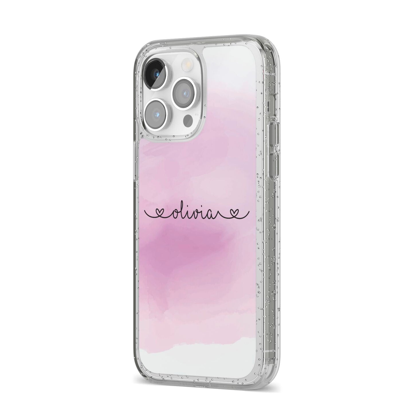Personalised Handwritten Name Hearts iPhone 14 Pro Max Glitter Tough Case Silver Angled Image