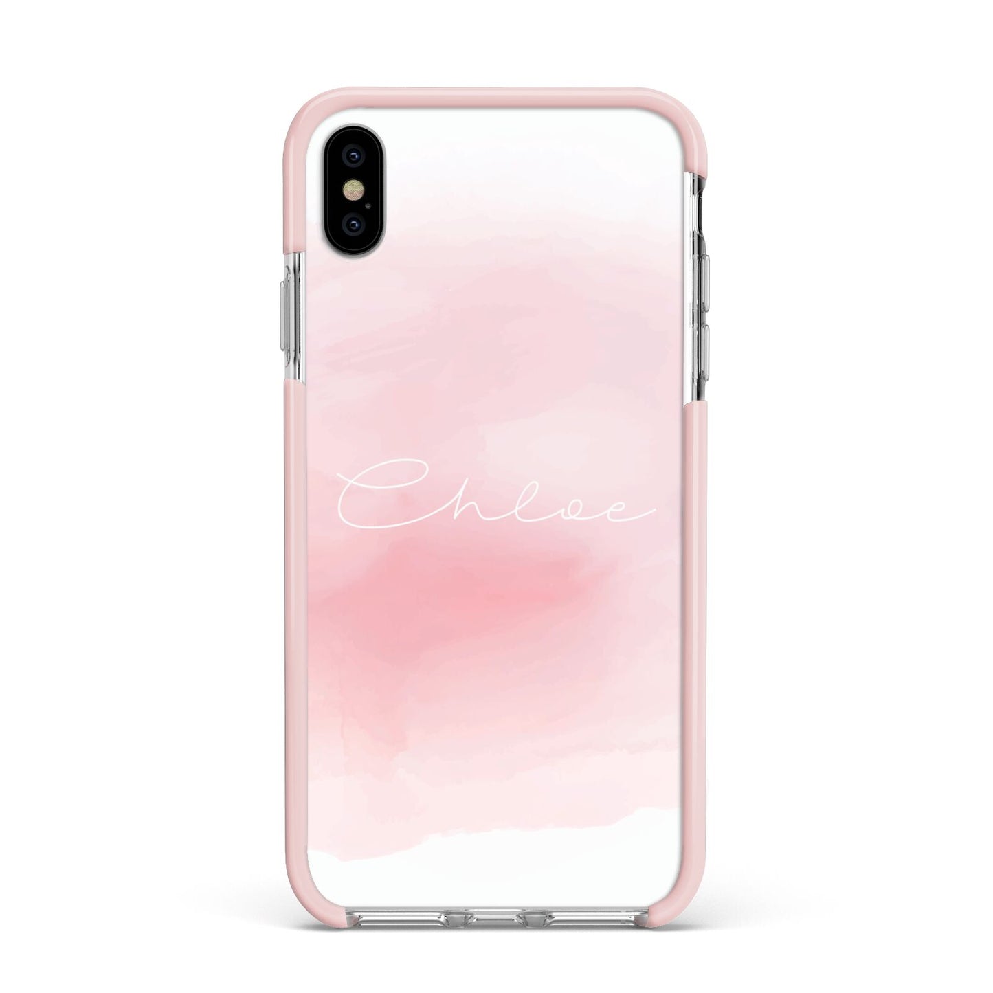 Personalised Handwritten Name Watercolour Apple iPhone Xs Max Impact Case Pink Edge on Silver Phone