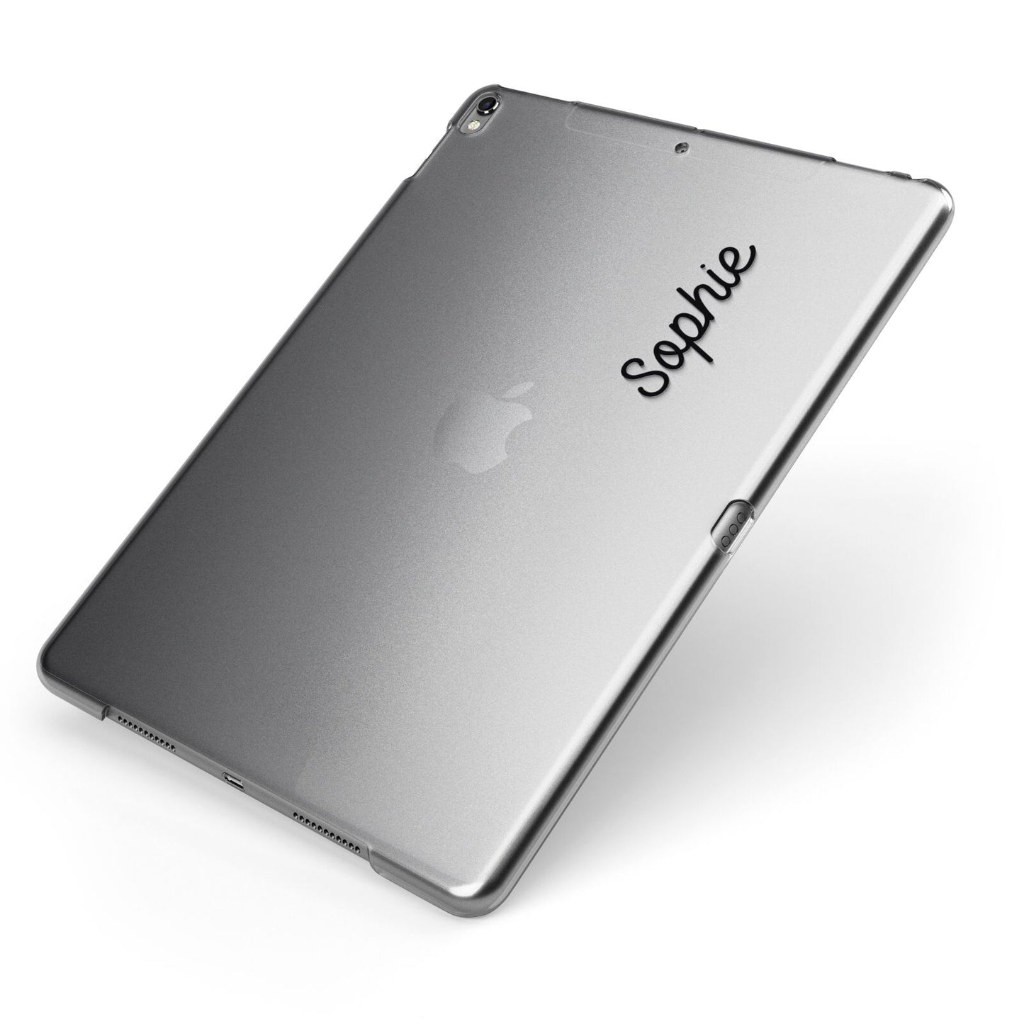 Personalised Handwritten Small Name Custom Clear Apple iPad Case on Grey iPad Side View