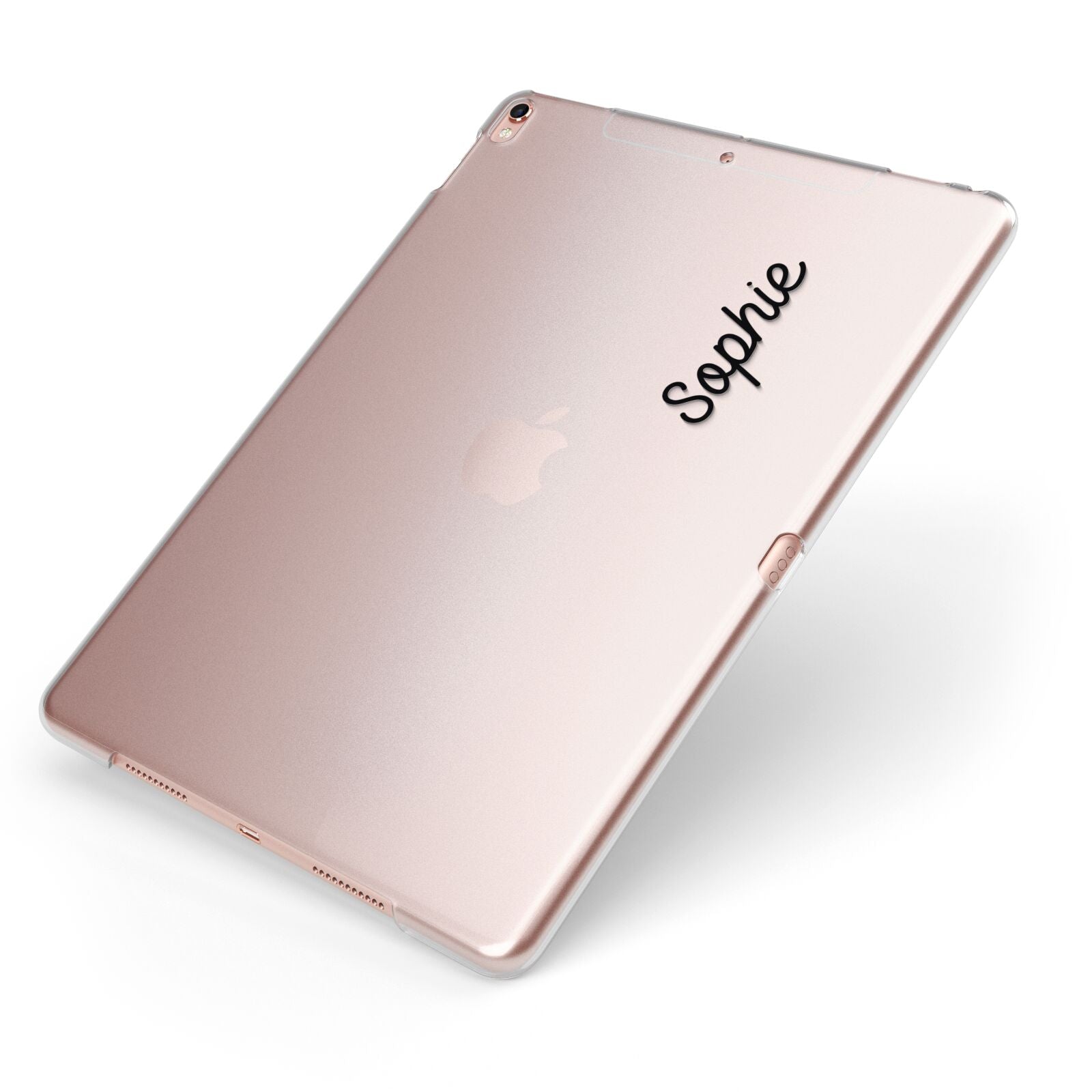 Personalised Handwritten Small Name Custom Clear Apple iPad Case on Rose Gold iPad Side View