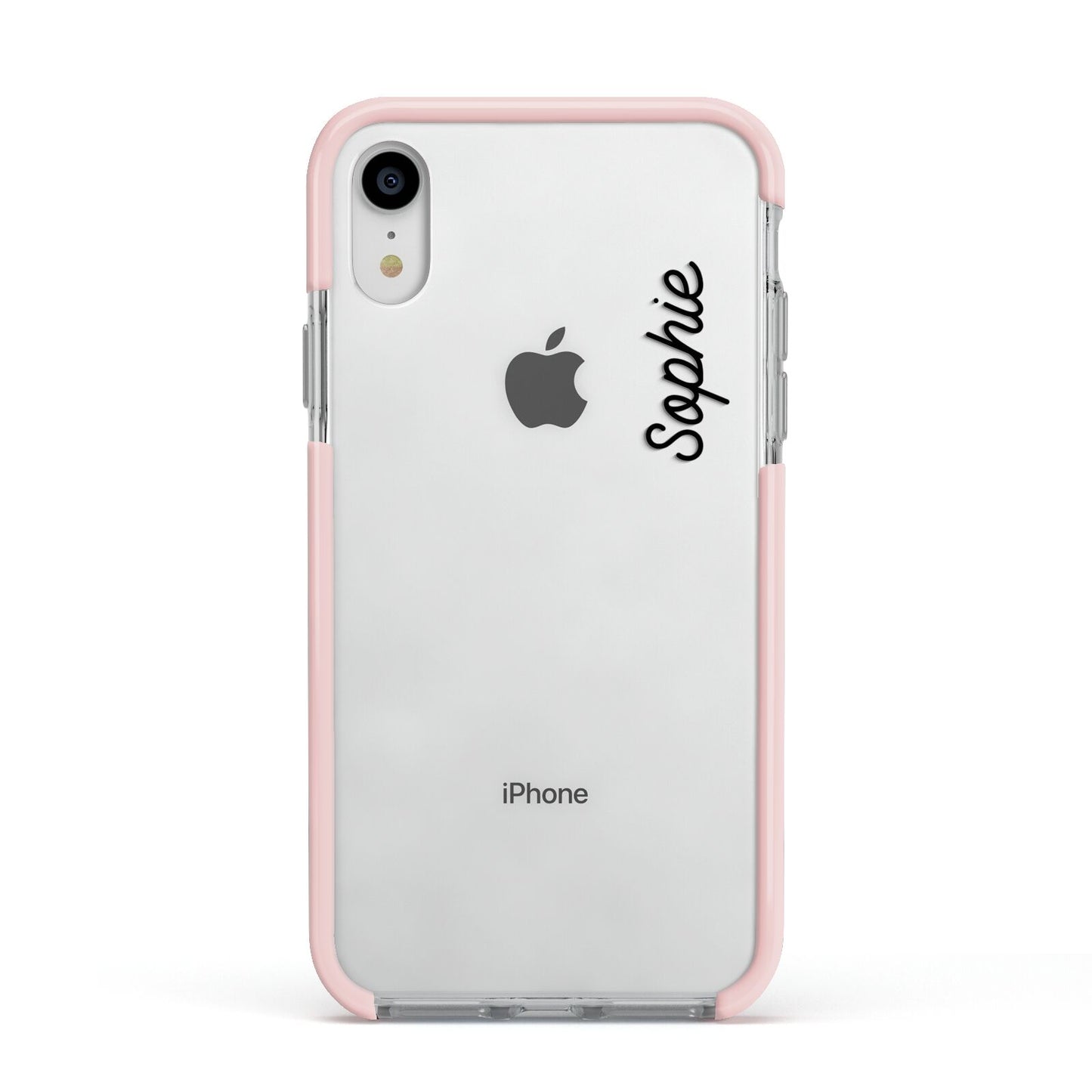 Personalised Handwritten Small Name Custom Clear Apple iPhone XR Impact Case Pink Edge on Silver Phone
