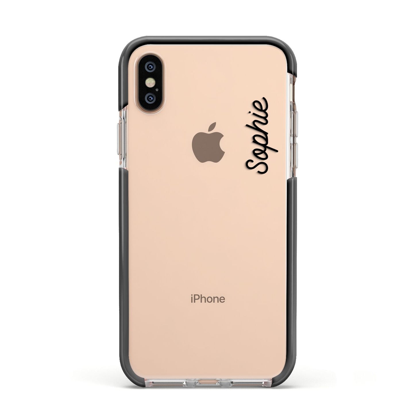 Personalised Handwritten Small Name Custom Clear Apple iPhone Xs Impact Case Black Edge on Gold Phone