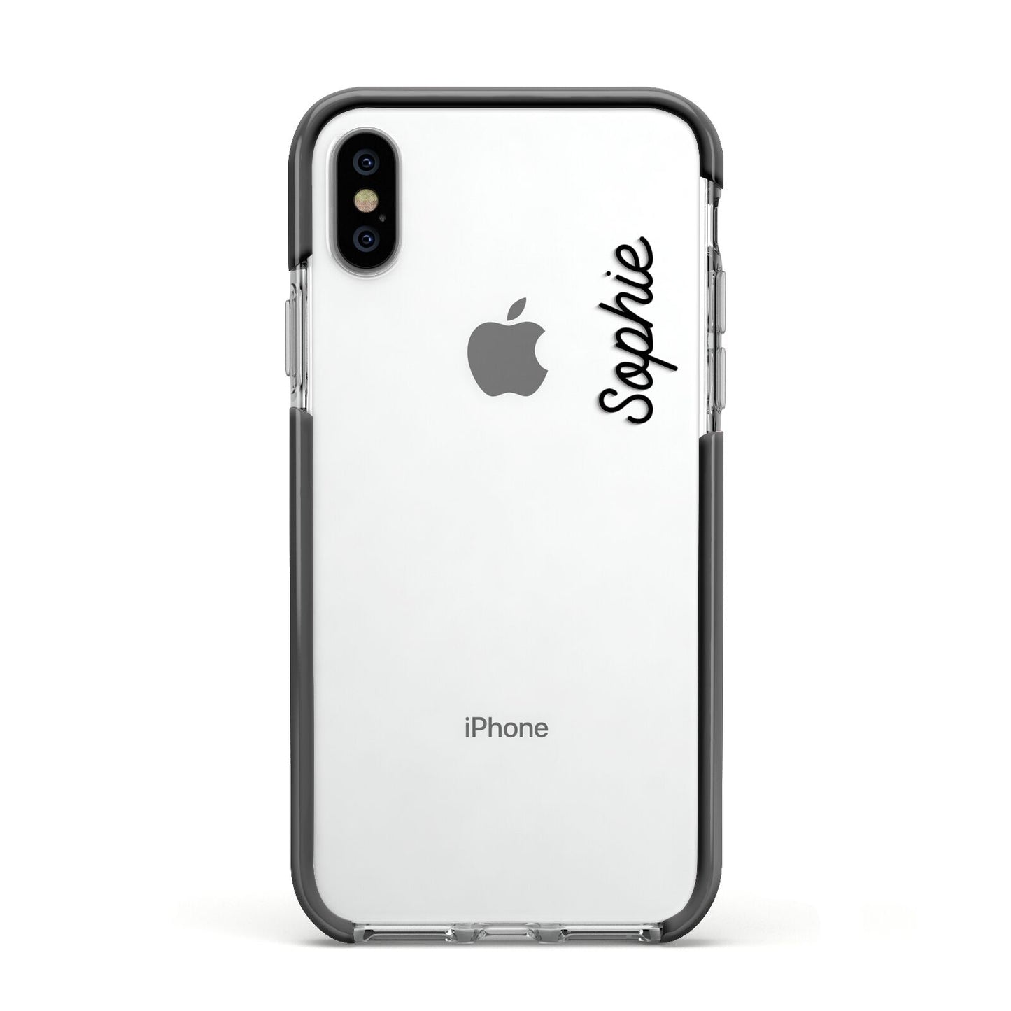 Personalised Handwritten Small Name Custom Clear Apple iPhone Xs Impact Case Black Edge on Silver Phone