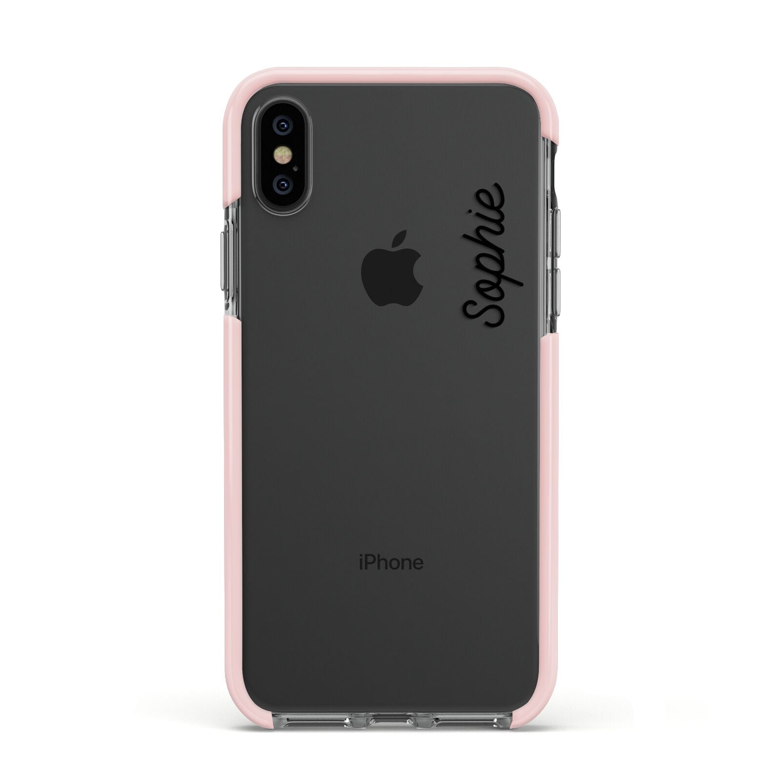 Personalised Handwritten Small Name Custom Clear Apple iPhone Xs Impact Case Pink Edge on Black Phone