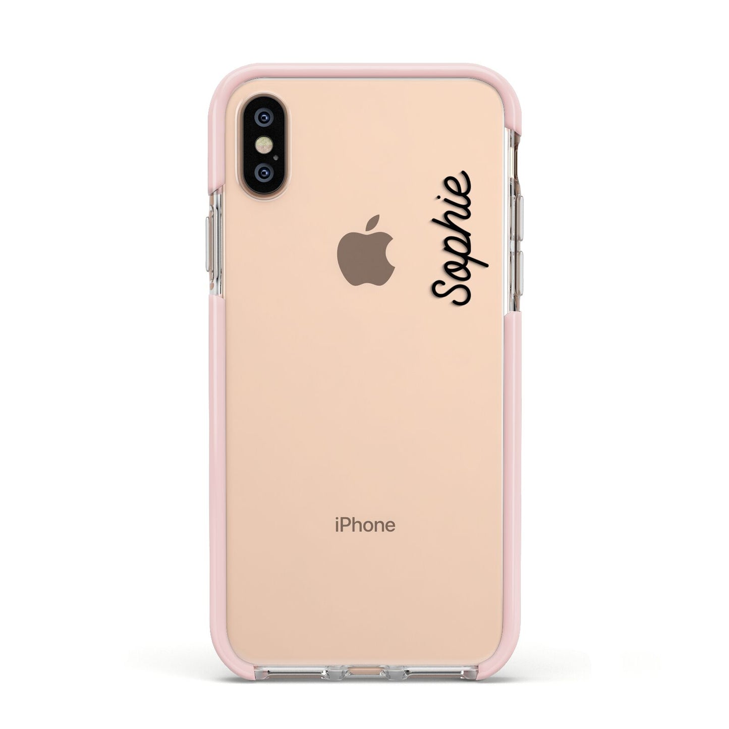 Personalised Handwritten Small Name Custom Clear Apple iPhone Xs Impact Case Pink Edge on Gold Phone