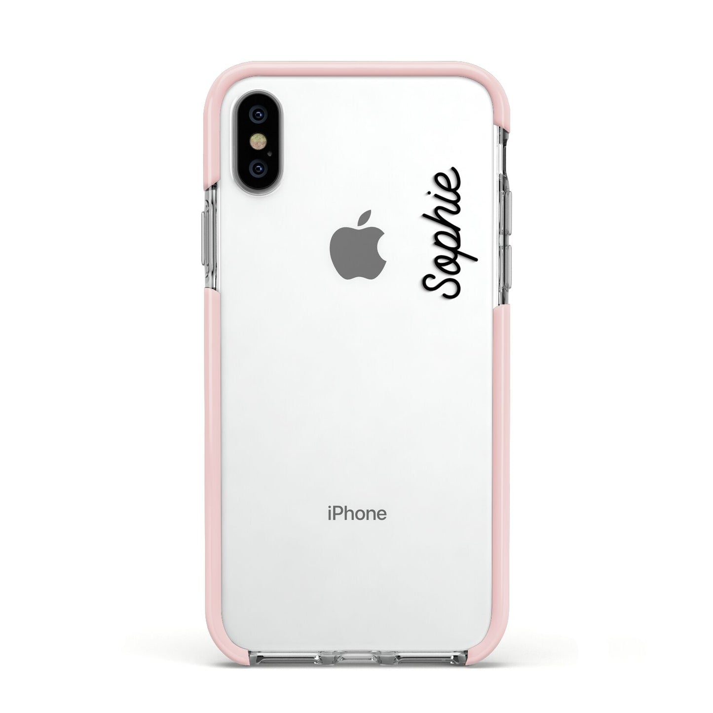 Personalised Handwritten Small Name Custom Clear Apple iPhone Xs Impact Case Pink Edge on Silver Phone