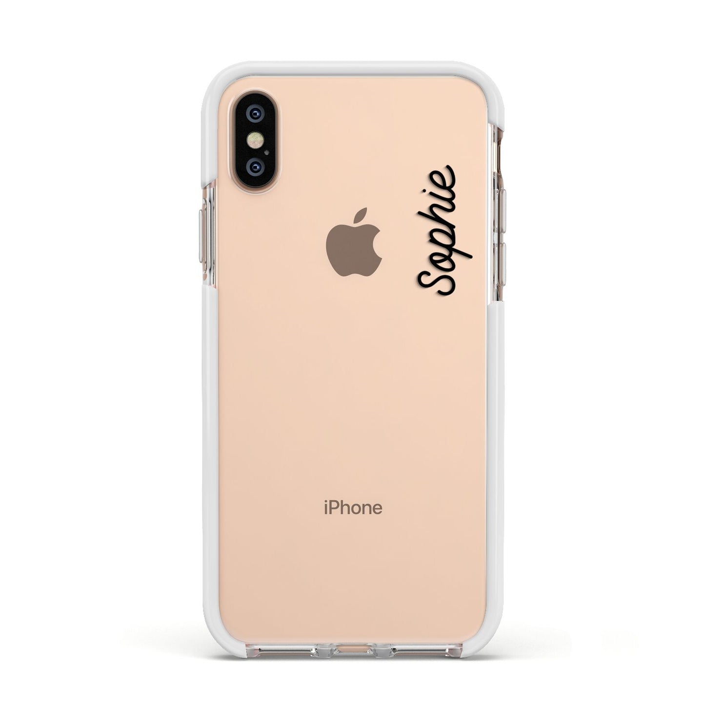 Personalised Handwritten Small Name Custom Clear Apple iPhone Xs Impact Case White Edge on Gold Phone