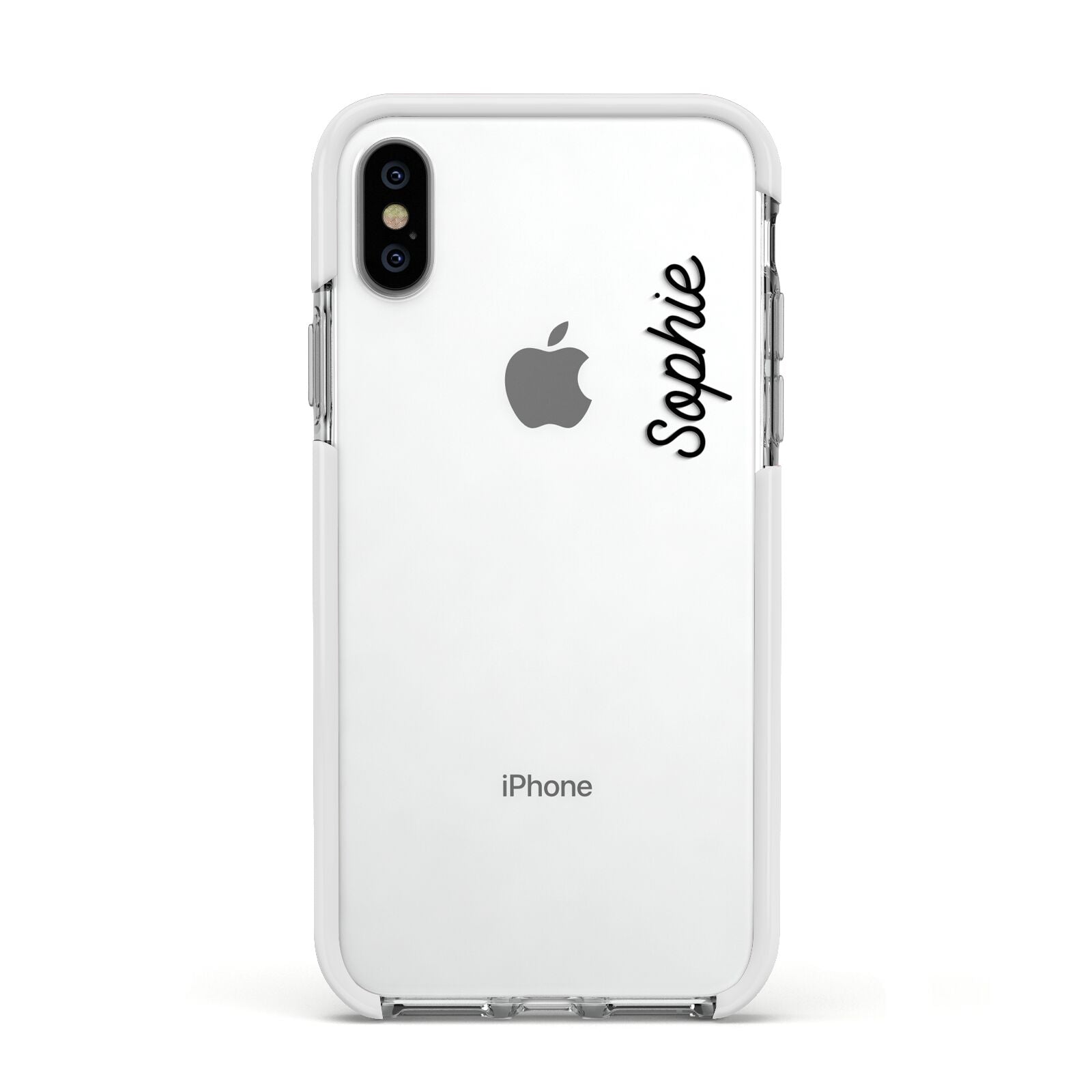 Personalised Handwritten Small Name Custom Clear Apple iPhone Xs Impact Case White Edge on Silver Phone