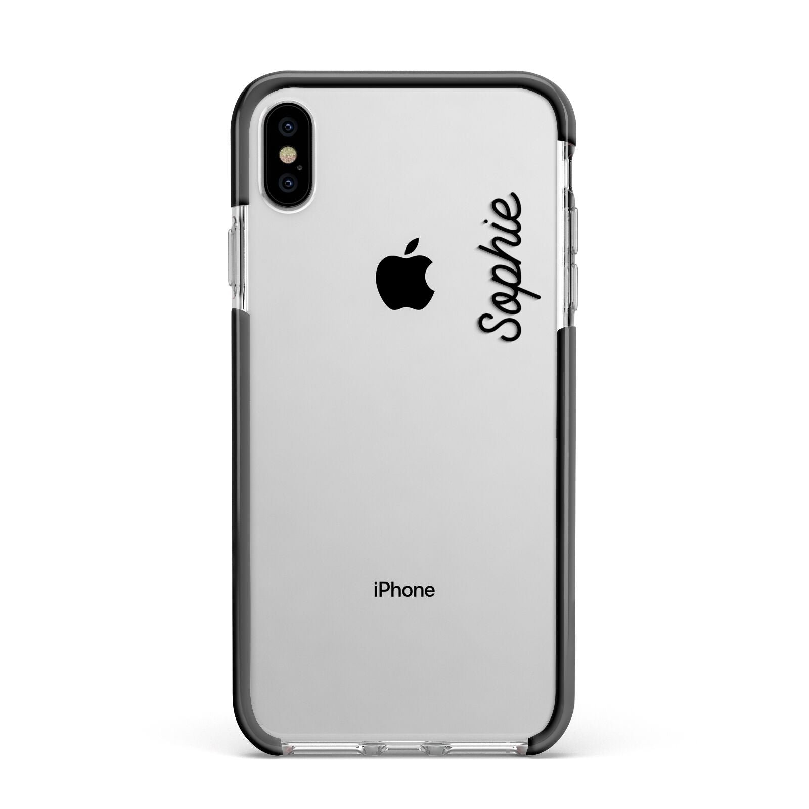 Personalised Handwritten Small Name Custom Clear Apple iPhone Xs Max Impact Case Black Edge on Silver Phone