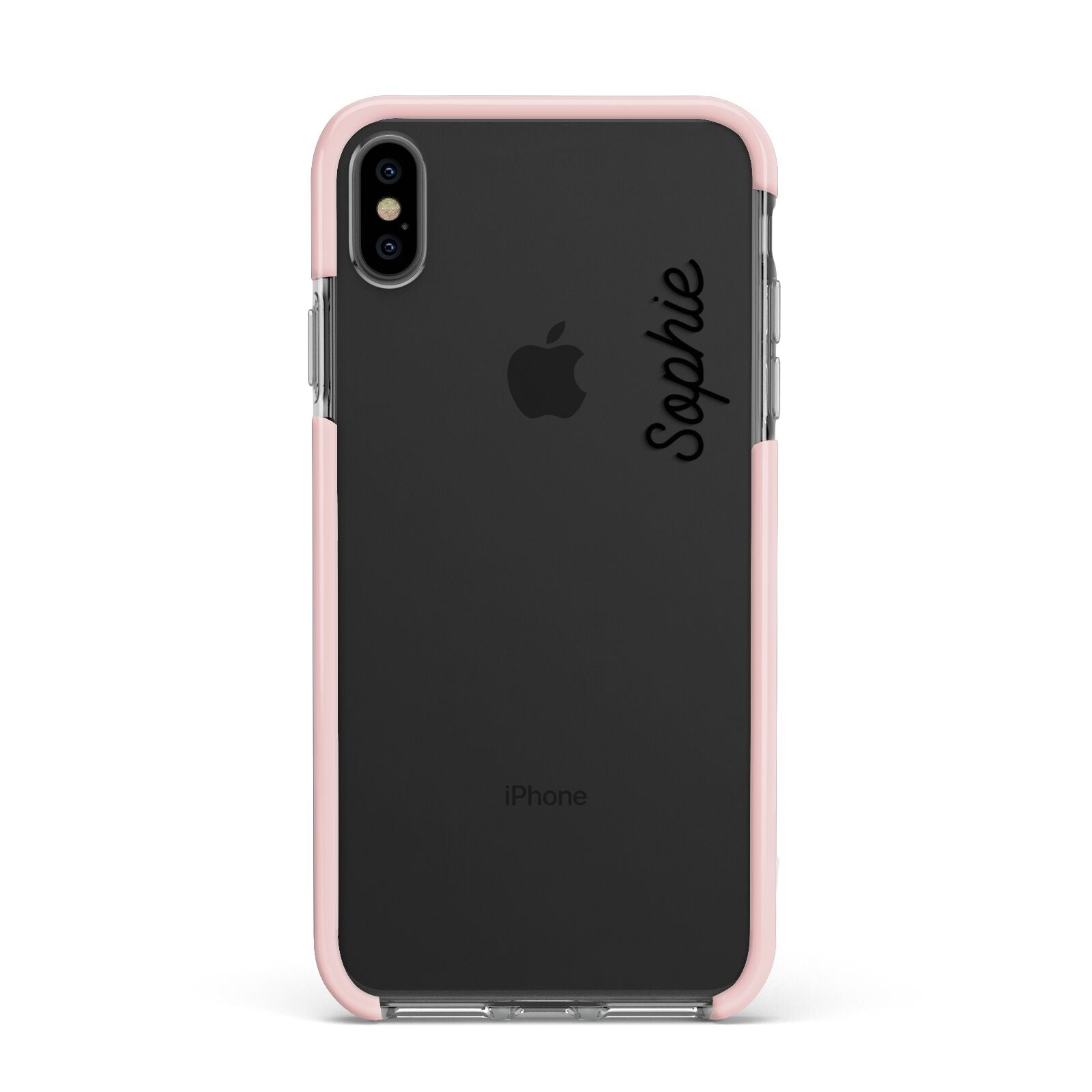Personalised Handwritten Small Name Custom Clear Apple iPhone Xs Max Impact Case Pink Edge on Black Phone