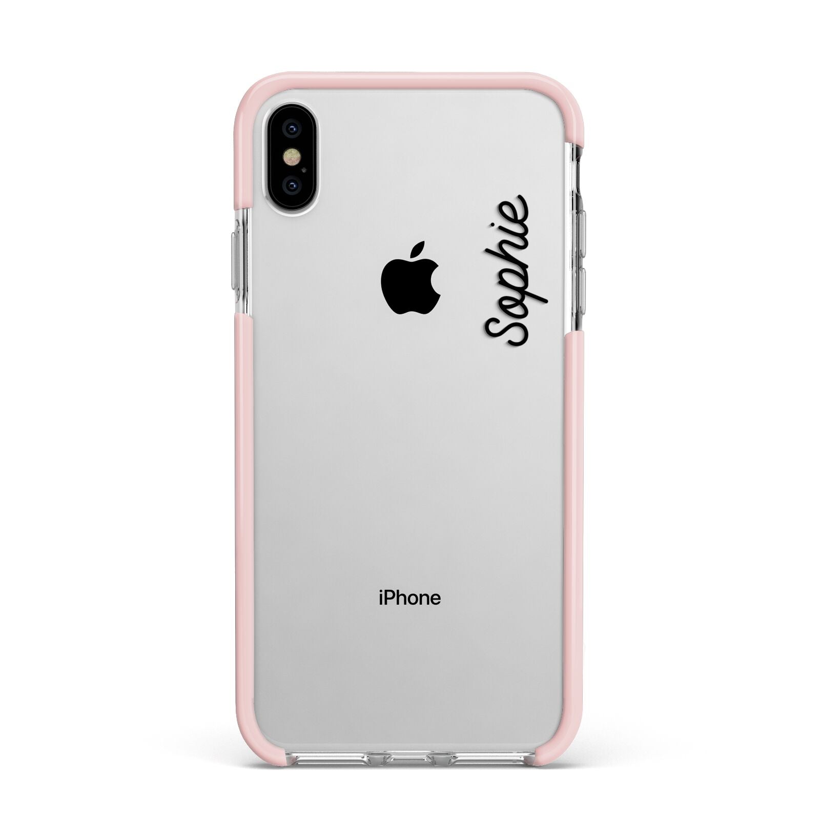Personalised Handwritten Small Name Custom Clear Apple iPhone Xs Max Impact Case Pink Edge on Silver Phone