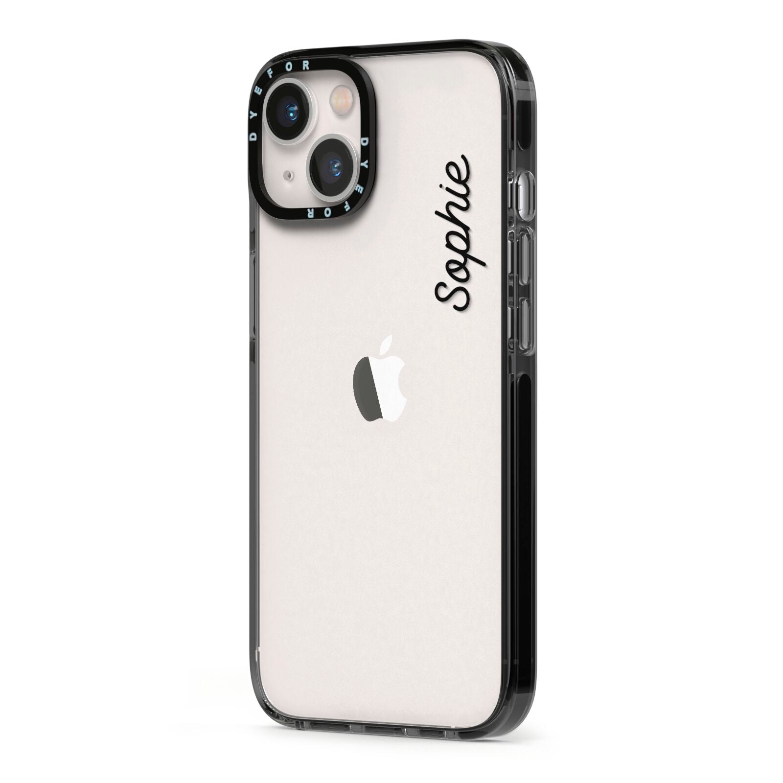 Personalised Handwritten Small Name Custom Clear iPhone 13 Black Impact Case Side Angle on Silver phone