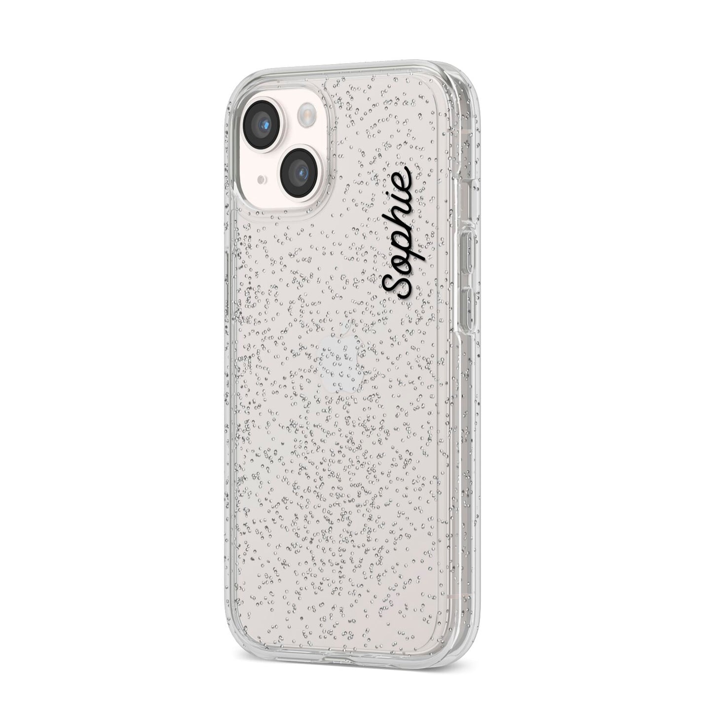 Personalised Handwritten Small Name Custom Clear iPhone 14 Glitter Tough Case Starlight Angled Image