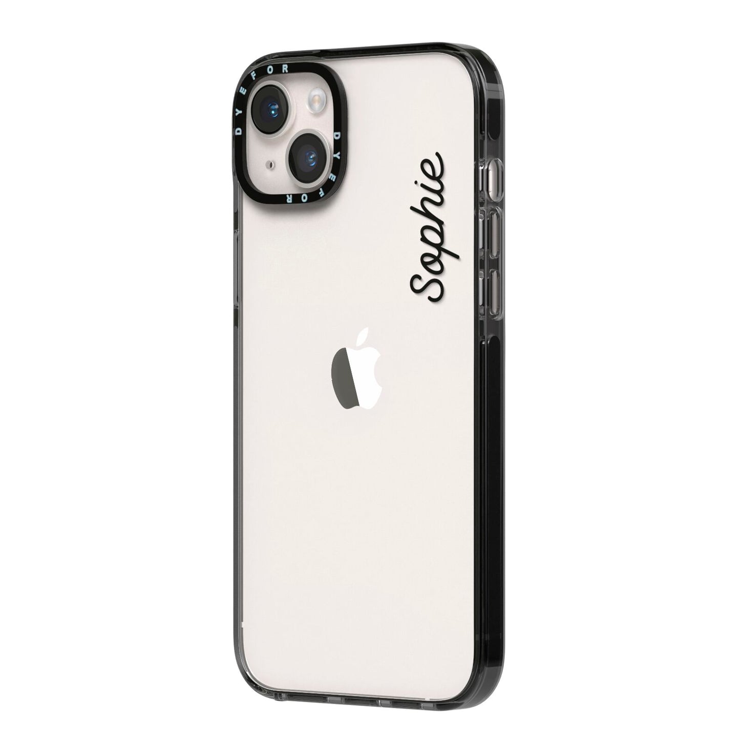 Personalised Handwritten Small Name Custom Clear iPhone 14 Plus Black Impact Case Side Angle on Silver phone