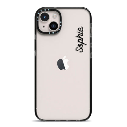 Personalised Handwritten Small Name Custom Clear iPhone 14 Plus Black Impact Case on Silver phone