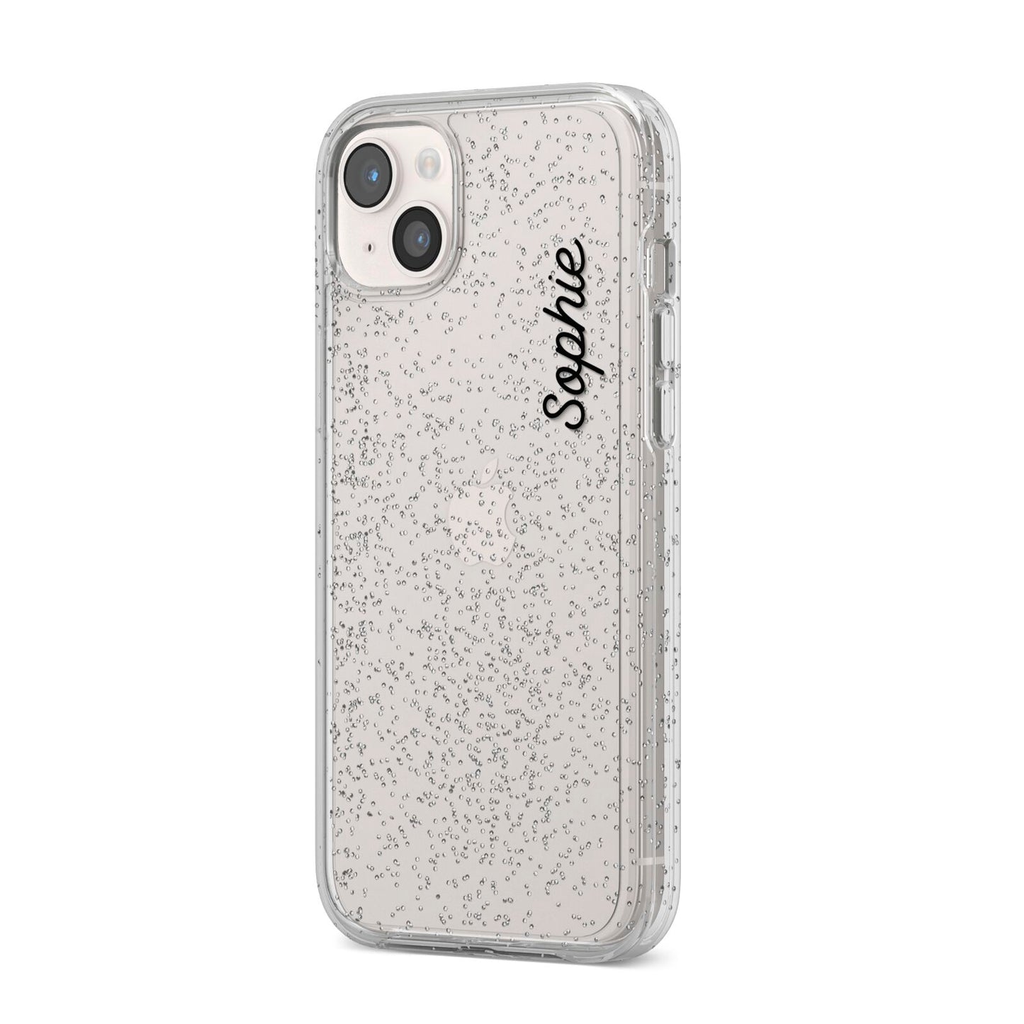 Personalised Handwritten Small Name Custom Clear iPhone 14 Plus Glitter Tough Case Starlight Angled Image