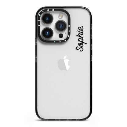 Personalised Handwritten Small Name Custom Clear iPhone 14 Pro Black Impact Case on Silver phone