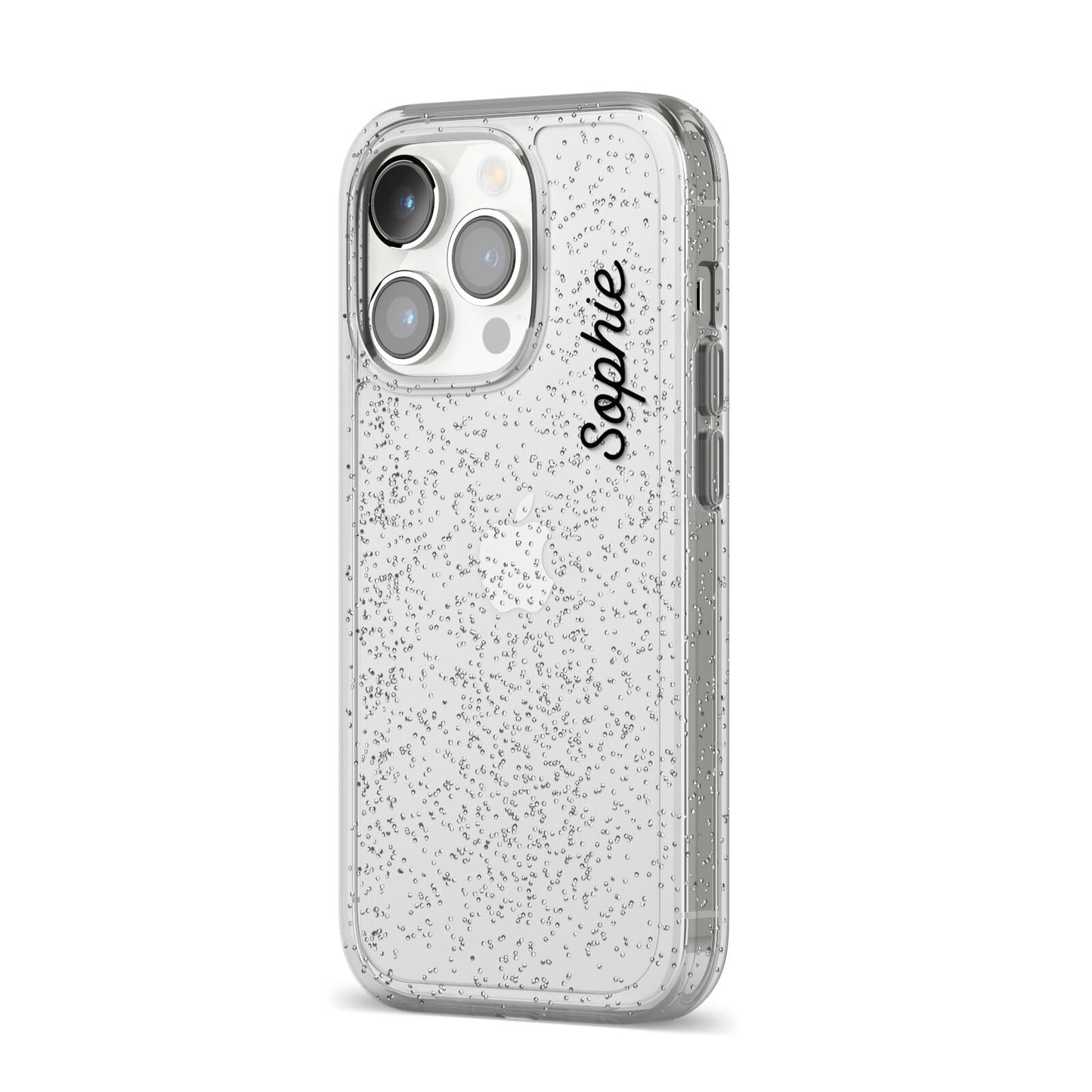 Personalised Handwritten Small Name Custom Clear iPhone 14 Pro Glitter Tough Case Silver Angled Image