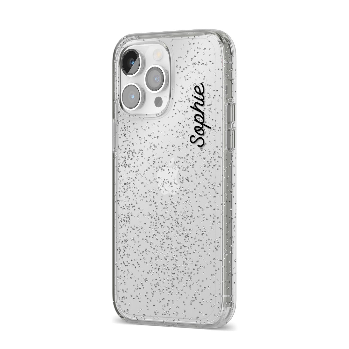 Personalised Handwritten Small Name Custom Clear iPhone 14 Pro Max Glitter Tough Case Silver Angled Image