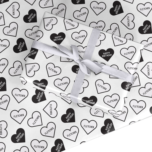 Personalised Happy Birthday Monochrome Hearts Custom Wrapping Paper