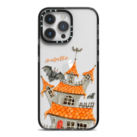 Personalised Haunted House iPhone 14 Pro Max Black Impact Case on Silver phone