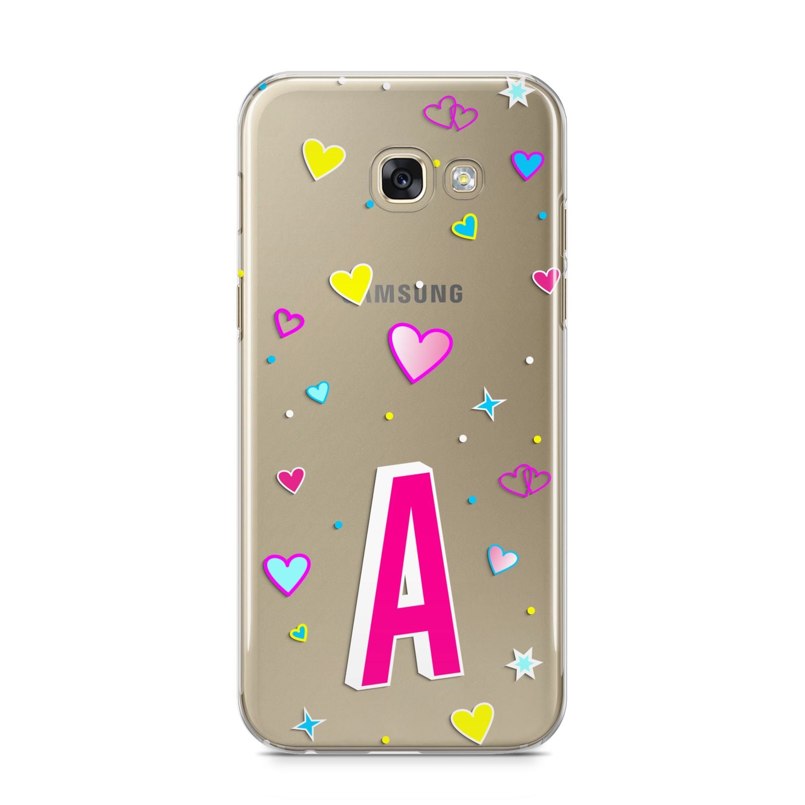 Personalised Heart Alphabet Clear Samsung Galaxy A5 2017 Case on gold phone