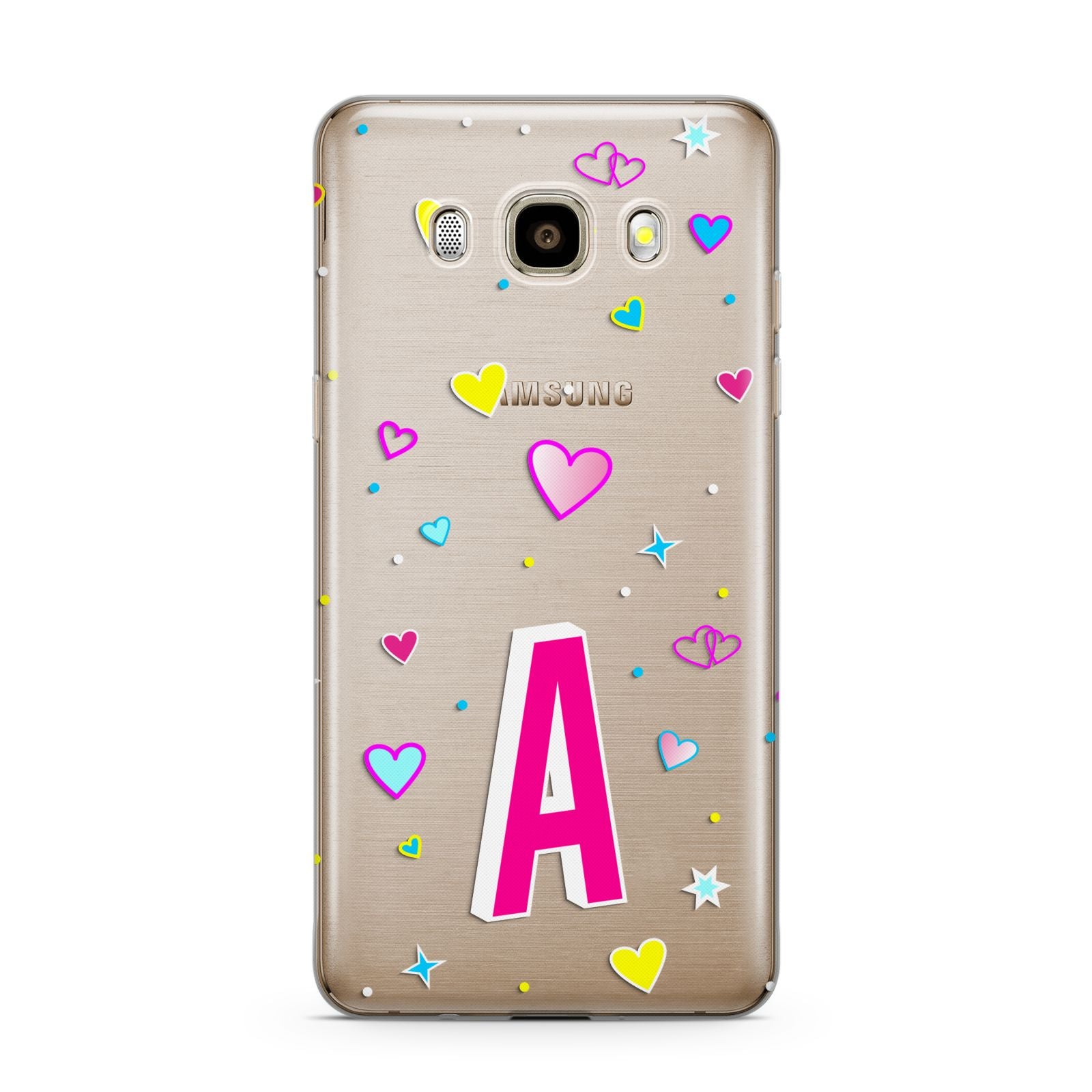 Personalised Heart Alphabet Clear Samsung Galaxy J7 2016 Case on gold phone
