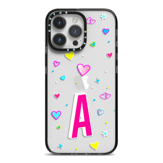 Personalised Heart Alphabet Clear iPhone 14 Pro Max Black Impact Case on Silver phone