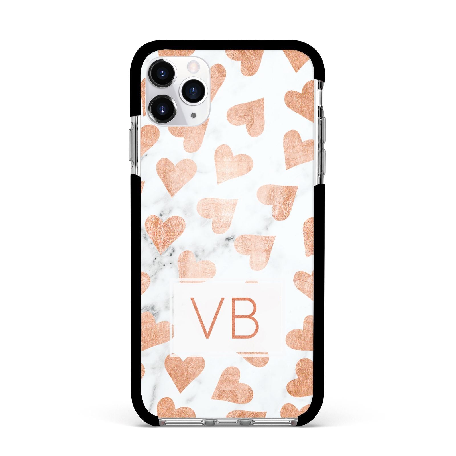 Personalised Heart Initialled Marble Apple iPhone 11 Pro Max in Silver with Black Impact Case