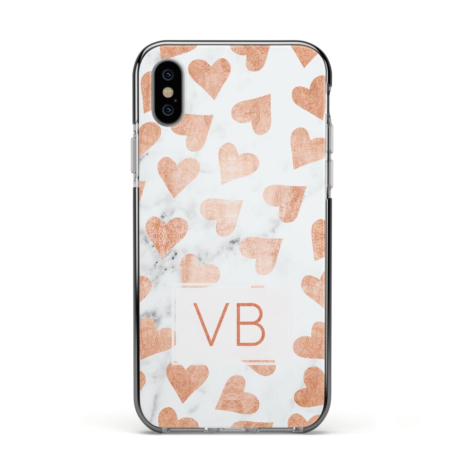 Personalised Heart Initialled Marble Apple iPhone Xs Impact Case Black Edge on Silver Phone