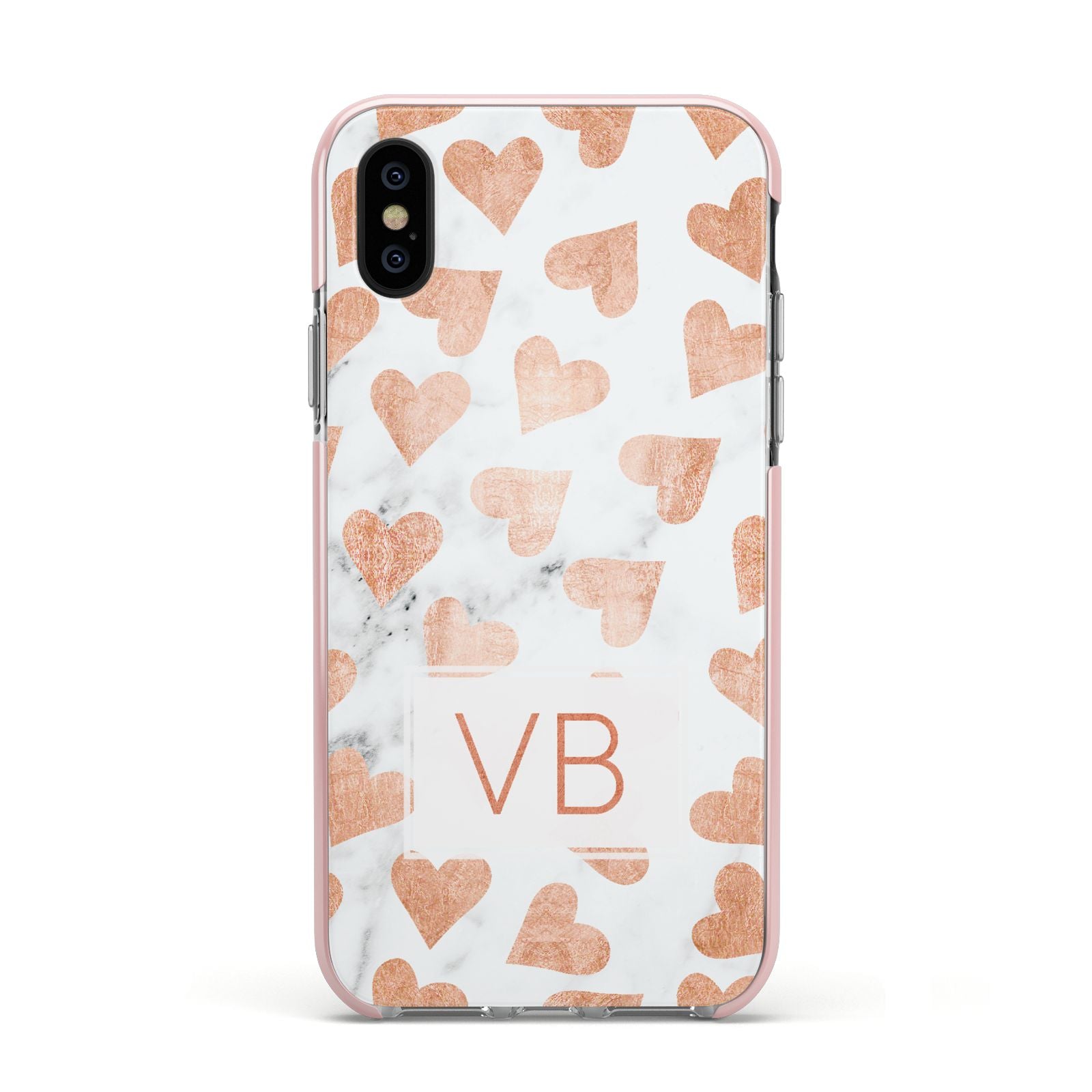 Personalised Heart Initialled Marble Apple iPhone Xs Impact Case Pink Edge on Black Phone