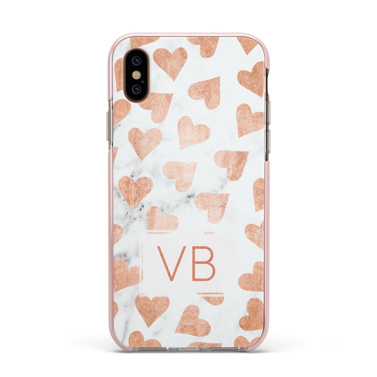 Personalised Heart Initialled Marble Apple iPhone Xs Impact Case Pink Edge on Gold Phone