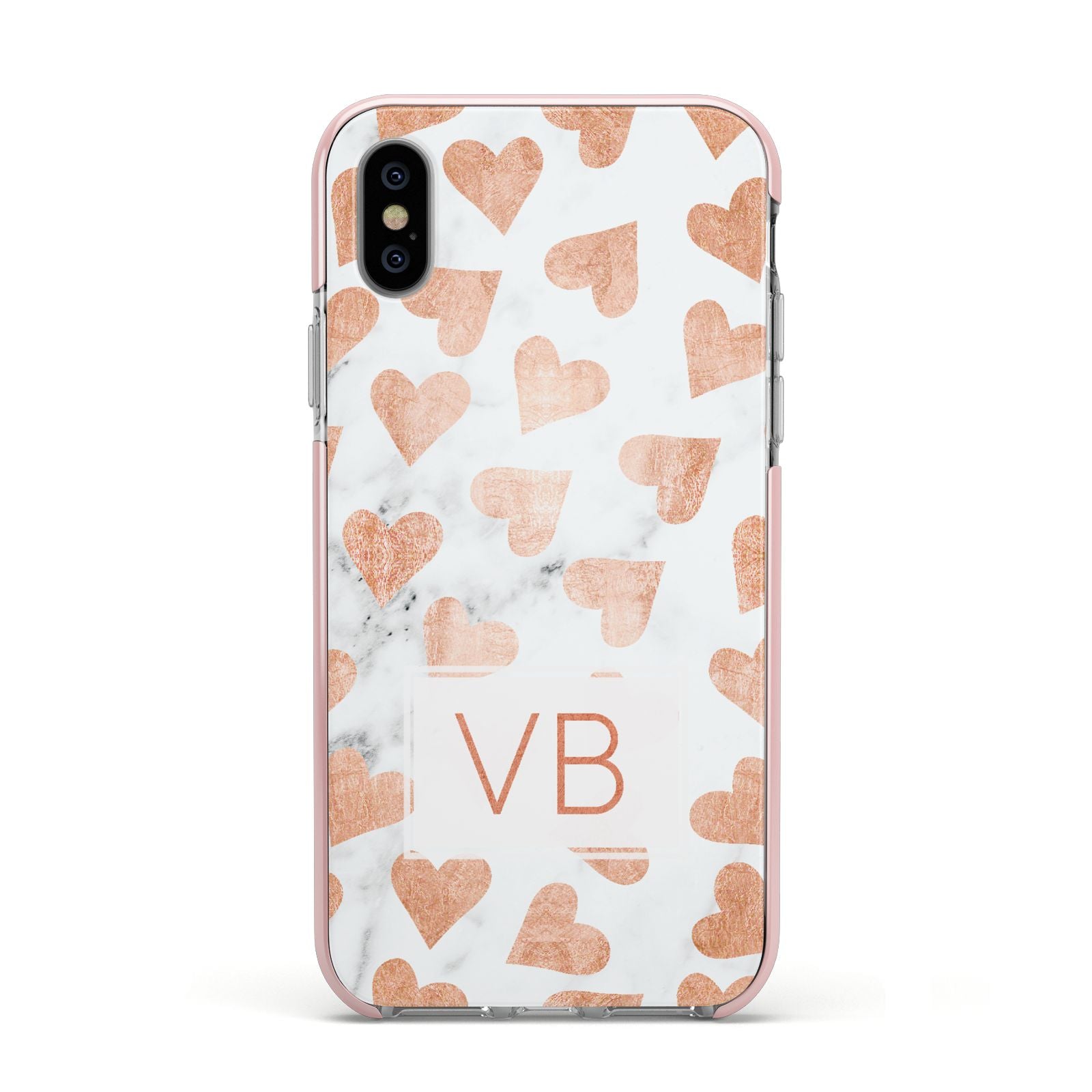Personalised Heart Initialled Marble Apple iPhone Xs Impact Case Pink Edge on Silver Phone
