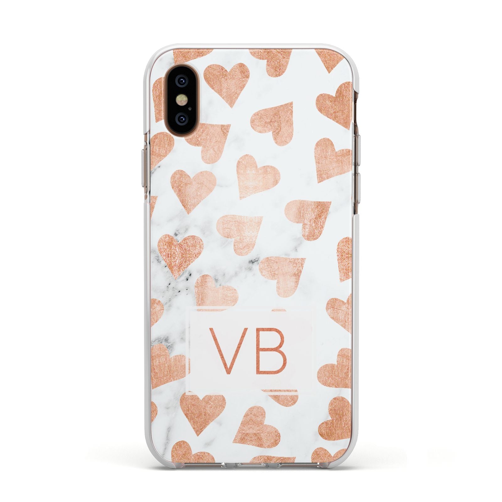 Personalised Heart Initialled Marble Apple iPhone Xs Impact Case White Edge on Gold Phone
