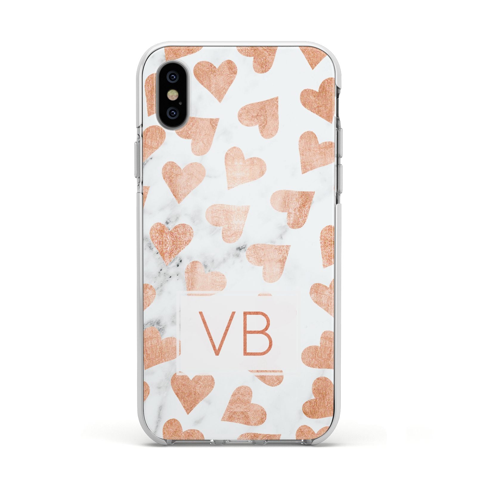 Personalised Heart Initialled Marble Apple iPhone Xs Impact Case White Edge on Silver Phone